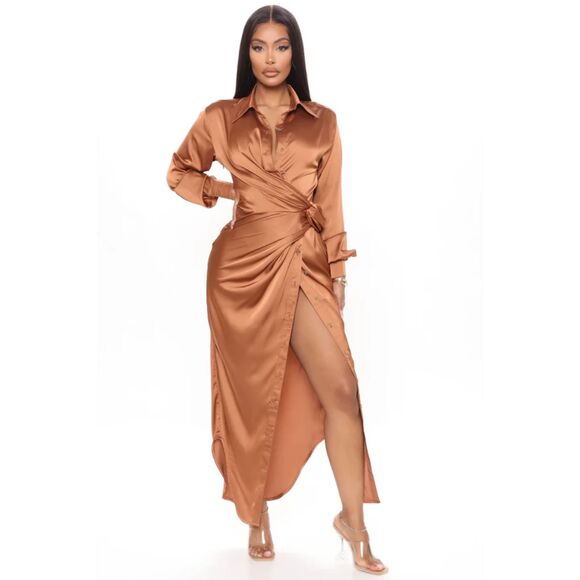 NWT Gabriella Satin Maxi Shirt Dress in Copper - Picture 1 of 13